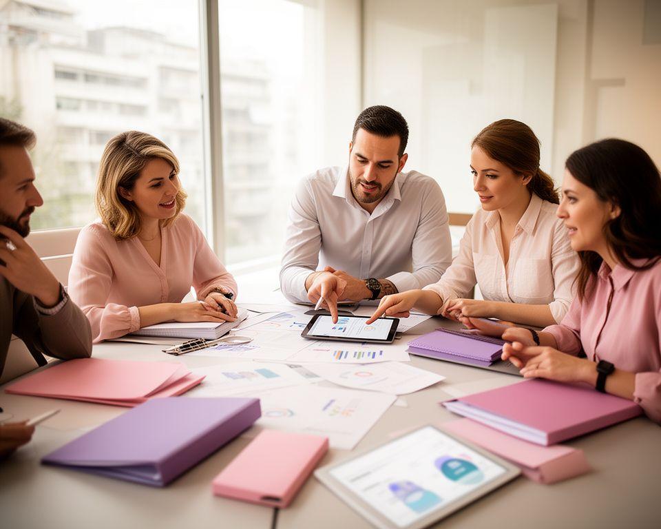 HR consultancy team in a bright Athens meeting room reviewing hiring plans and performance charts