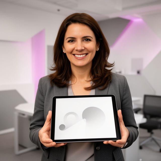 HR director in a modern office smiling beside a tablet showing workforce analytics dashboards
