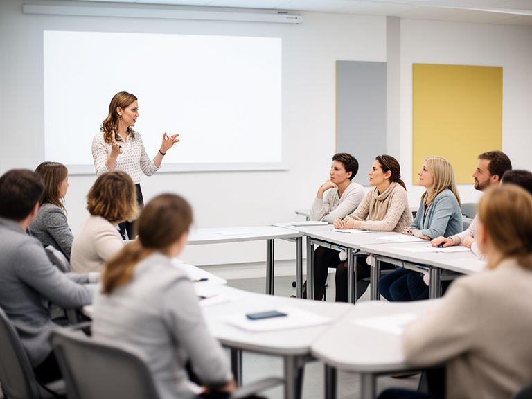 Εκπαιδευτής παρουσιάζει workshop ηγεσίας σε φωτεινή αίθουσα με συνεργάτες καθισμένους σε ημικύκλο