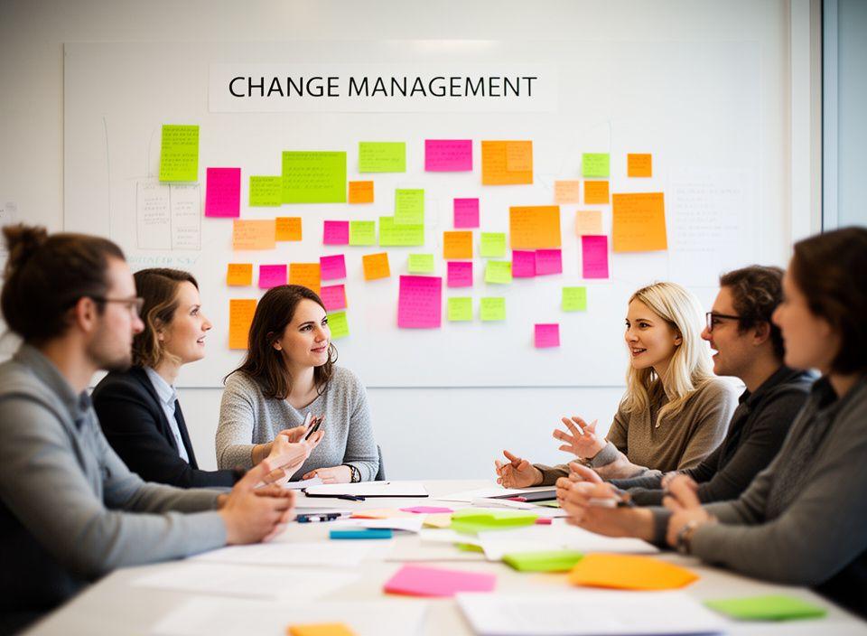 Στελέχη συζητούν change management σε αίθουσα με πίνακα ιδεών και χρωματιστές αυτοκόλλητες σημειώσεις
