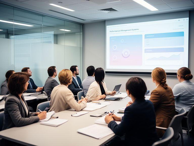 Ομάδα HR παρακολουθεί παρουσίαση performance management systems με dashboards και σημειώσεις σε αίθουσα συνεδριάσεων