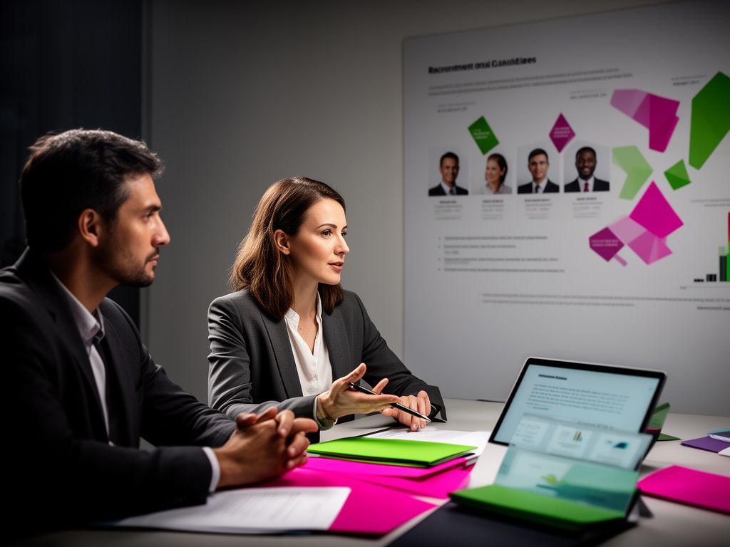 Σύμβουλος ανθρώπινου δυναμικού συζητά με hiring manager μπροστά από πίνακα με υποψηφιότητες και KPI στελέχωσης