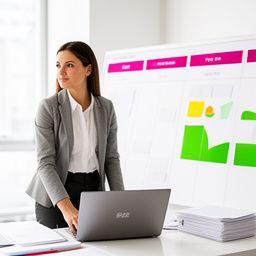 Στέλεχος talent acquisition μπροστά σε πίνακα προσλήψεων με στοίβες βιογραφικών και laptop