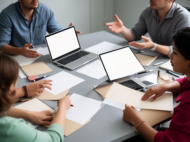 Εργαζόμενοι σε κύκλο συζητούν soft skills και επικοινωνία πάνω από χαρτιά και φορητούς υπολογιστές